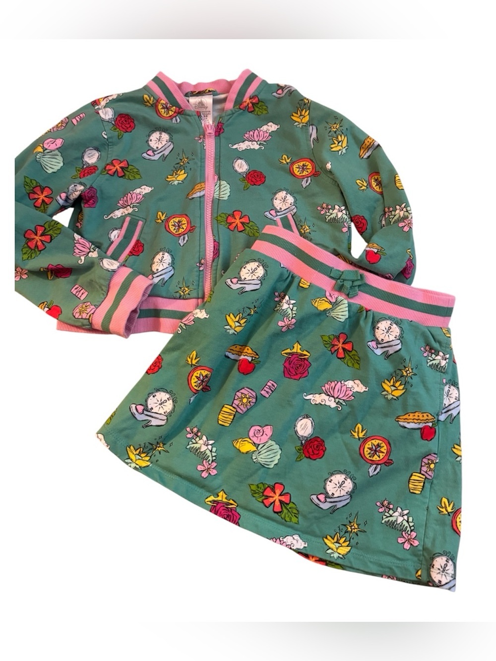 Disney Girls Teal Pink Princess Zip Jacket & Skort Set, Size 9-10, Vintage